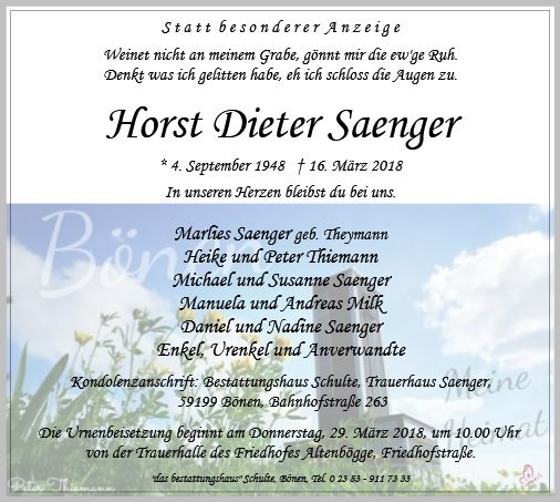 Erinnerungsbild für Horst Dieter Saenger